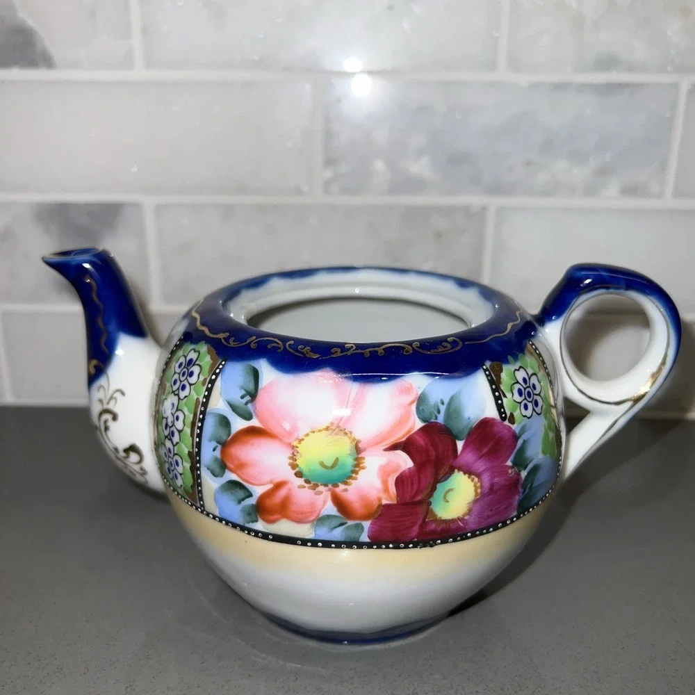 Vintage Hand Painted Floral Design 3 Piece (missing Lids) Tea Set, Made In Japan